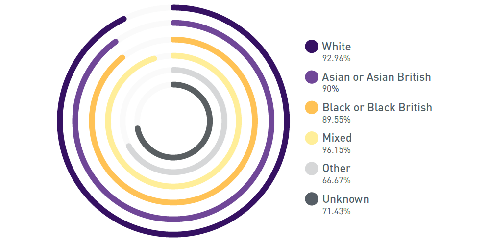 A chart with colour blocks to show accepted from offered percentages for professional service recruitment. White 92.96%, Asian or Asian British 90%, Black or Black British 89.55%, Mixed 96.15%, Other Ethnic Groups 66.67% and Unknown 71.43%