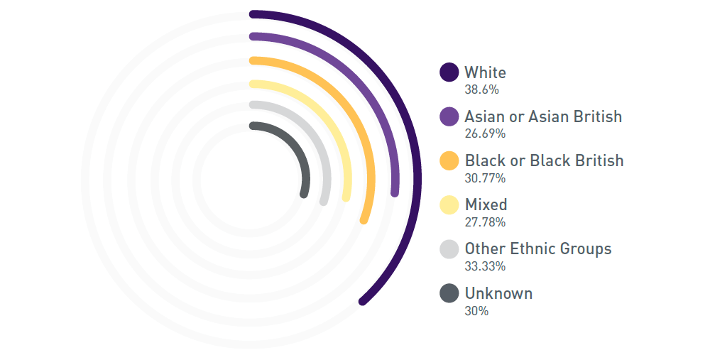 A chart with coloured bars to show the offered from shortlisted percentages for academic recruitment.
White 38.6%, Asian or Asian British 26.69%, Black or Black British 30.77%, Mixed 27.78%, Other Ethnic Groups 33.33% and Unknown 30%