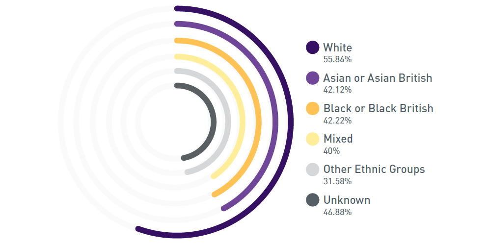A chart with colour blocks to show offered from shortlisted percentages for research recruitment. White 55.86%, Asian or Asian British 42.12%, Black or Black British 42.22%, Mixed 40%, Other Ethnic Groups 31.58% and Unknown 46.88%