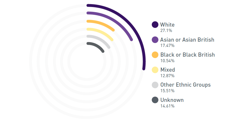 A chart with colour blocks to show shortlisted from applied percentages for research recruitment. White 27.1%, Asian or Asian British 17.47%, Black or Black British 10.54%, Mixed 12.87%, Other Ethnic Groups 15.51% and Unknown 14.61%