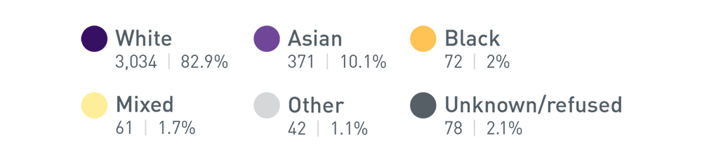 White - 3034 | 82.9%, Asian - 371 | 10.1%, Black - 72 | 2%, Mixed - 61 | 1.7%, Other - 42 | 1.1%, Unknown / Refused - 78 | 2.1%