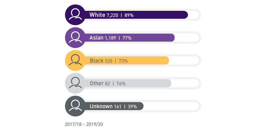 White 7,220 | 89%, Asian 1,189 | 77%, Black 535 | 73%, Other 82 | 74%, Unkown 161, 39%