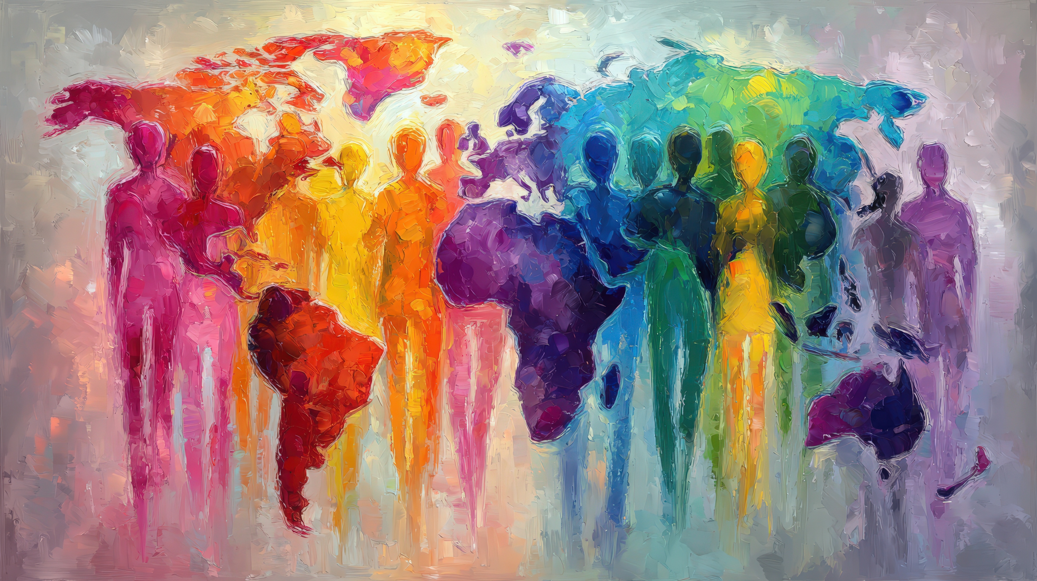 painterly image people stood in-front of a rainbow painted globe