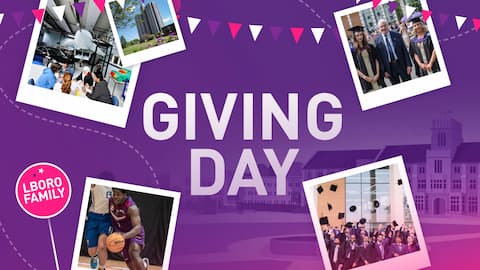 A purple graphic with an image of campus in the background. There are polaroid photographs across the graphic. Text reads: Giving Day