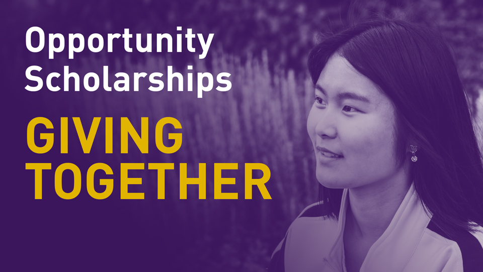 A photograph of a student looking to the left. The image has a purple filters over the top. There is text over the image that reads: Opportunity Scholarships Giving Together