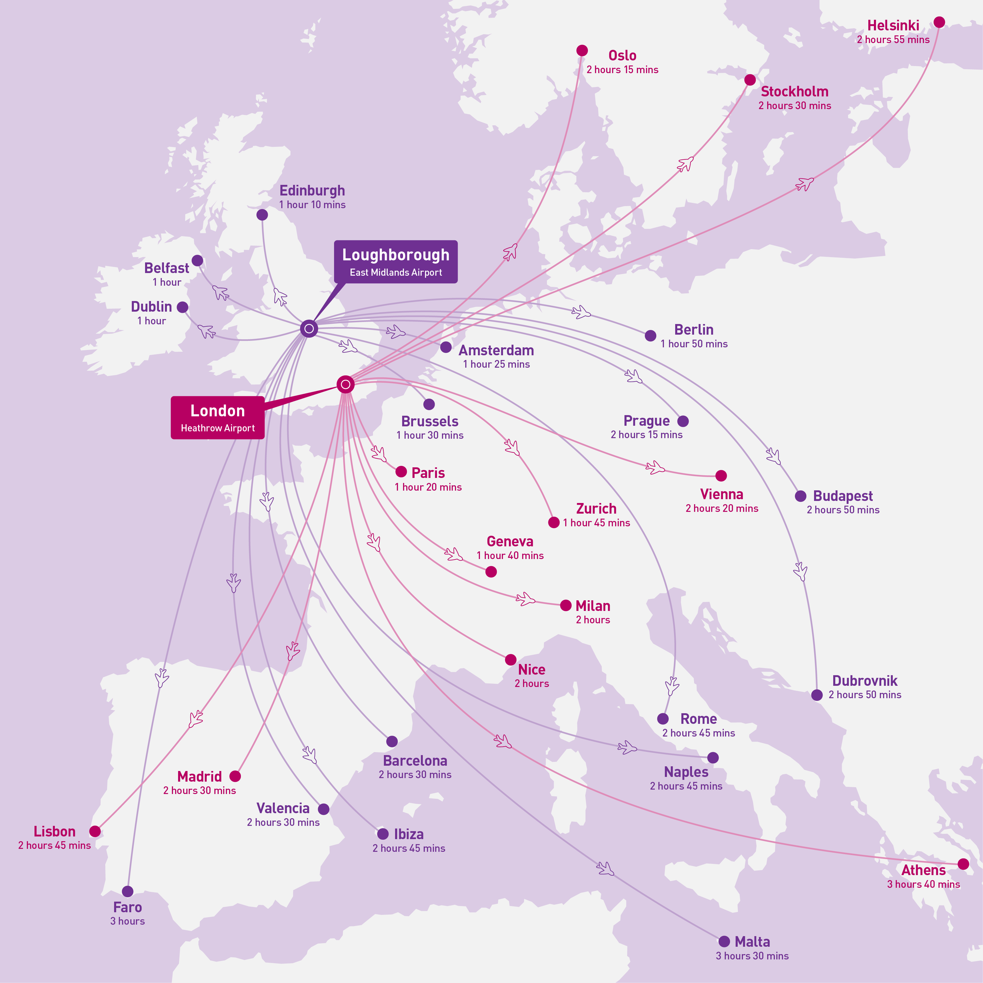 Map of the UK, showing flight times to EU destinations.