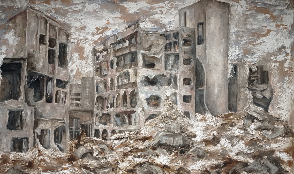 An oil painting depicting ruined buildings in greys, whites and browns.
