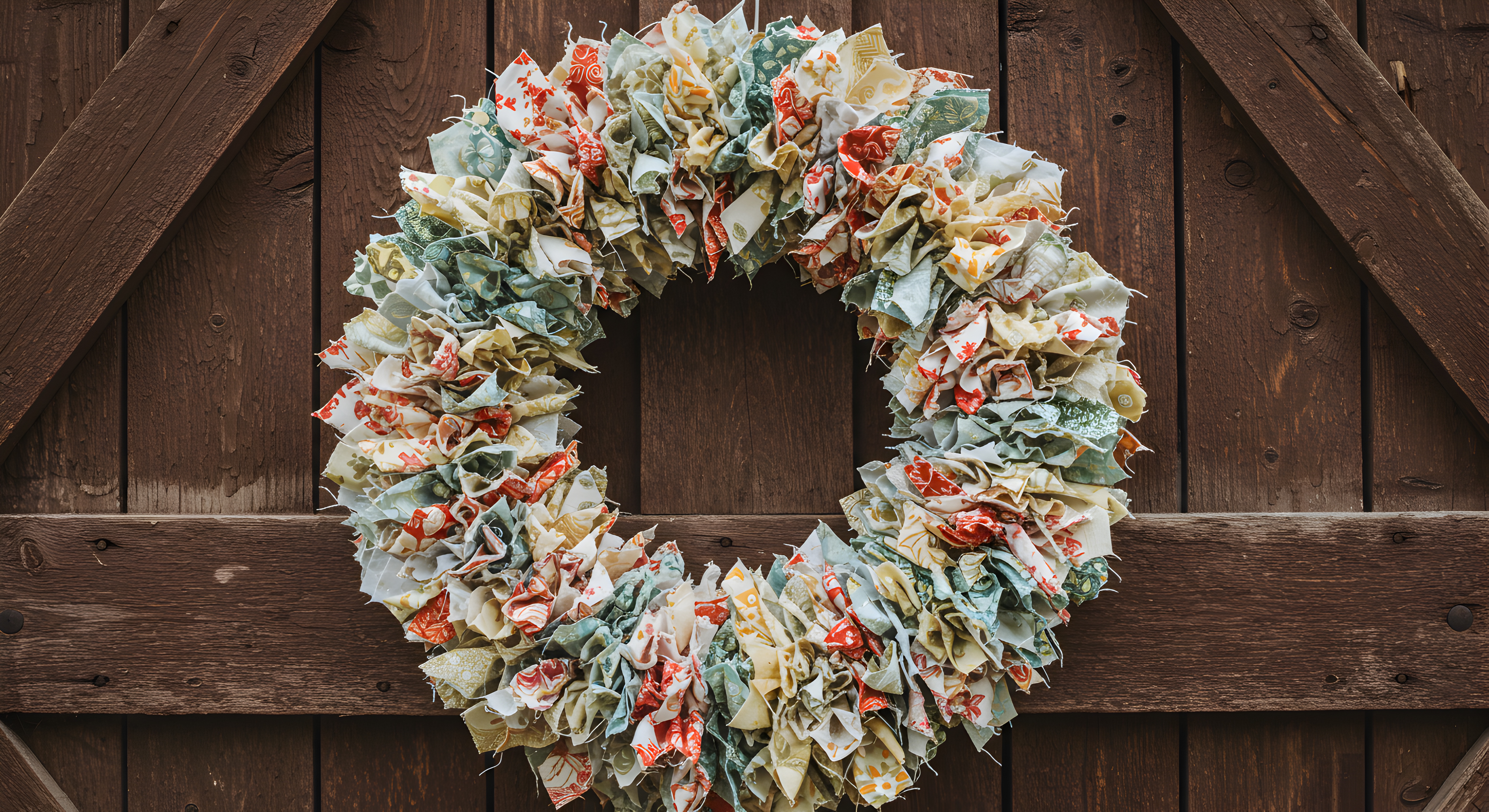 A multi colour fabric wreath displayed on a wooden door.