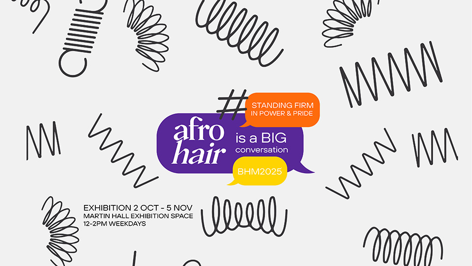 A light grey background with purple, orange and yellow rounded text boxes in the middle with the exhibition title and date. Assorted black spring/coil like and zig zag shapes are dotted around