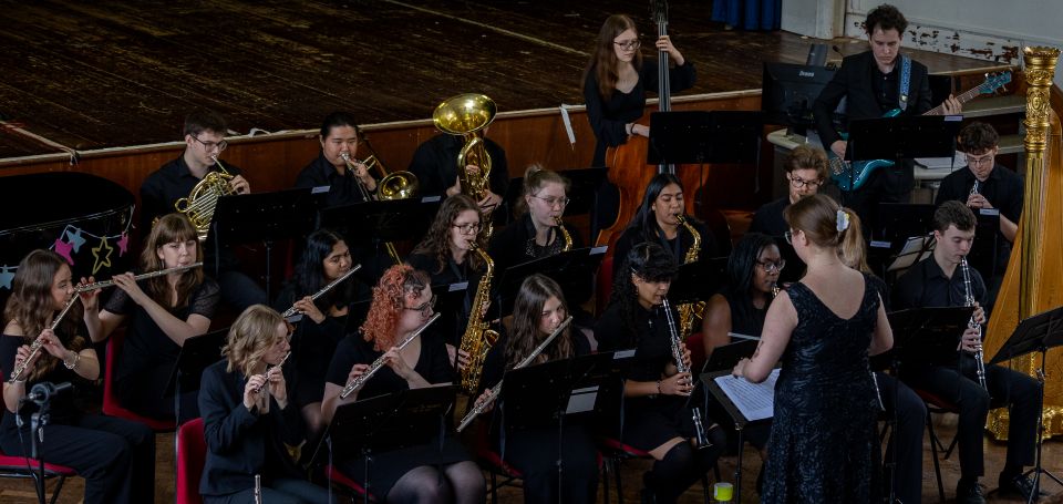 A small classical orchestra pictured during a concert with brass, woodwind and string musicians