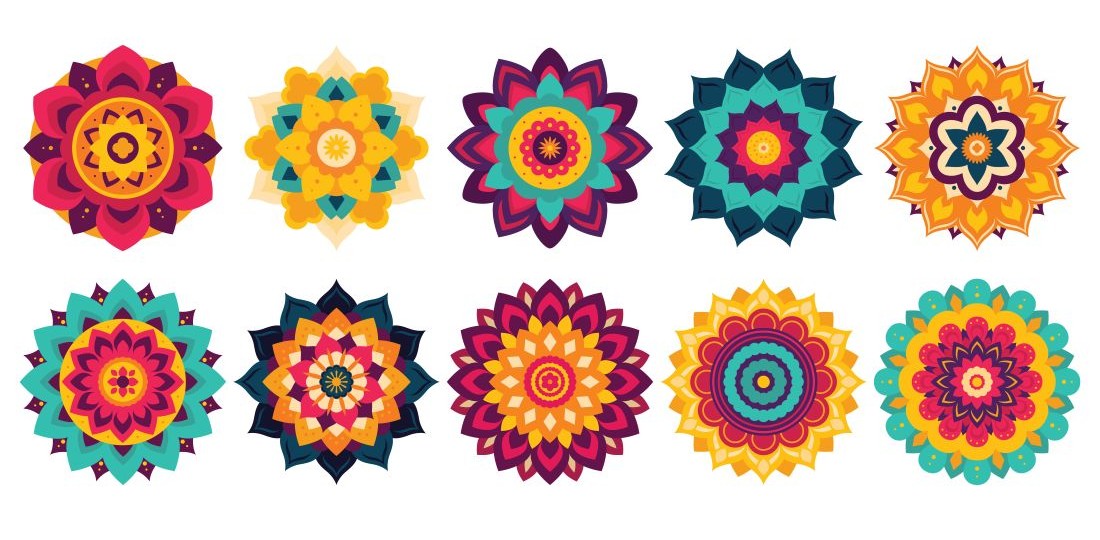 A selection of colourful Rangoli illustrated designs on a white background