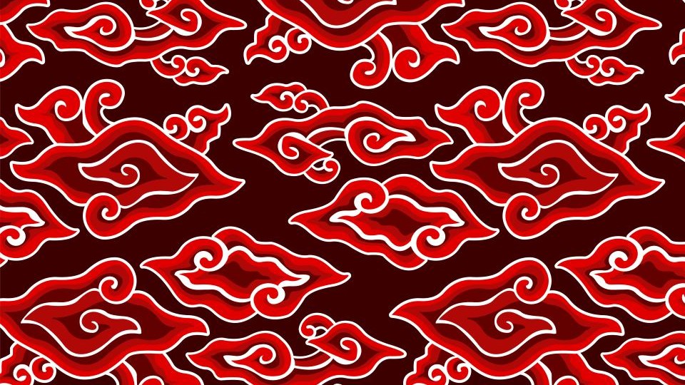 Dark brown/maroon background with a red traditional Indonesian batik pattern repeating across it. The shapes are wave like and abstract.