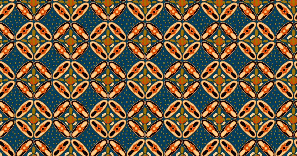 A traditional Indonesian batik pattern. It is a repeating pattern of circles made up of for connecting capsule shapes in  oranges and browns. The background is a dark teal/blue  with small green dots