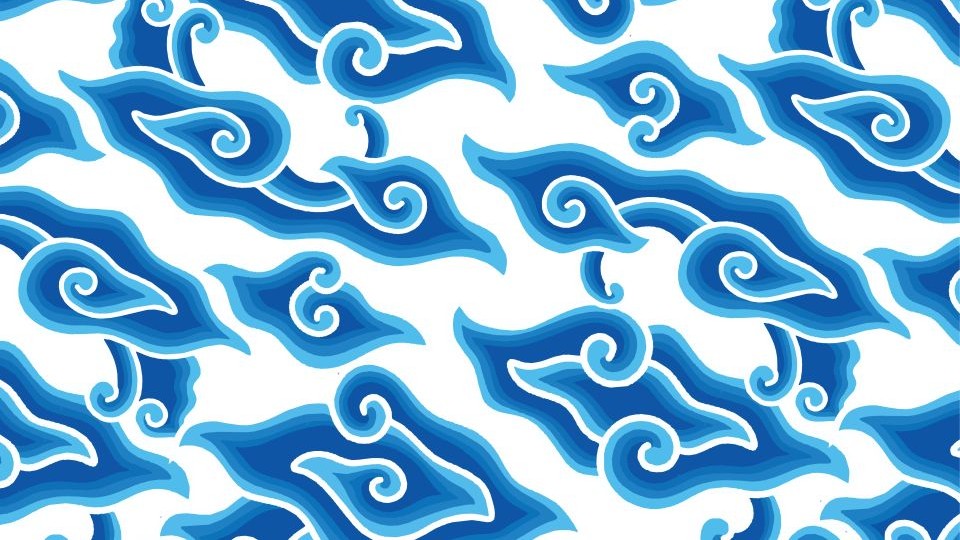 White background with a blue traditional Indonesian batik pattern repeating across it. The shapes are wave like and abstract.
