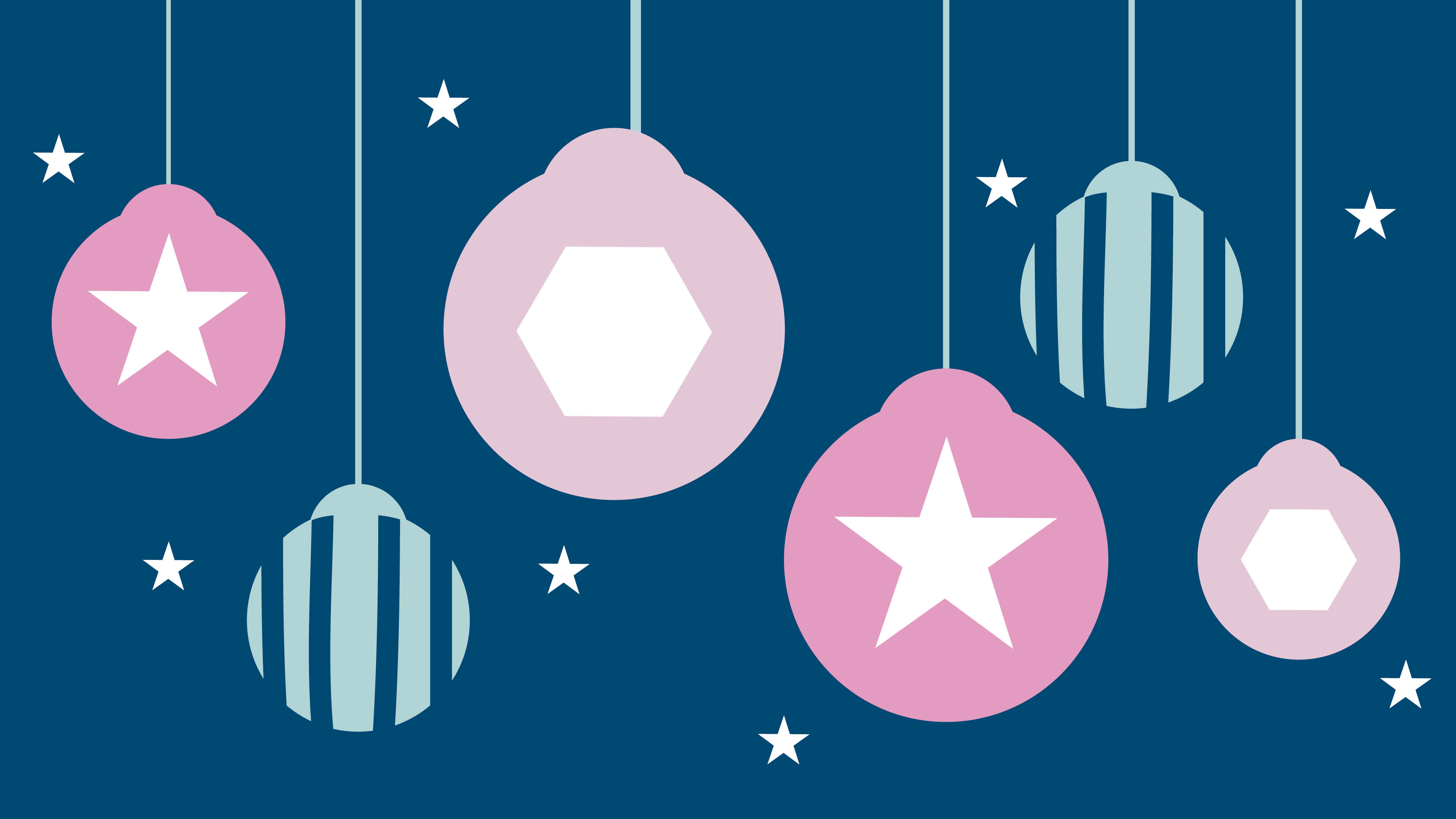 Dark teal blue background with graphically designed Christmas baubles hanging down in shades of pink and pale green with different decorative shapes on them