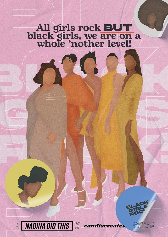 An illustrative design featuring five black women standing by each other on a pink background. 