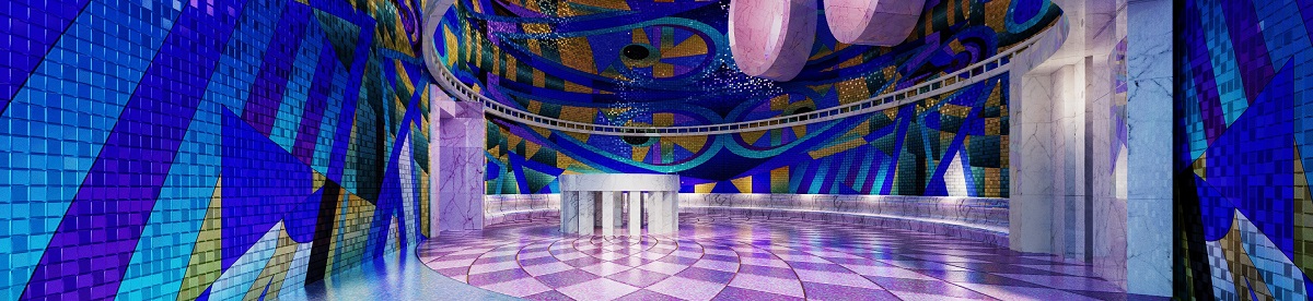 An image showing a snippet of The Democratic Movement by Adam Nathaniel Furman. The inage shows a render pink and blue interior.