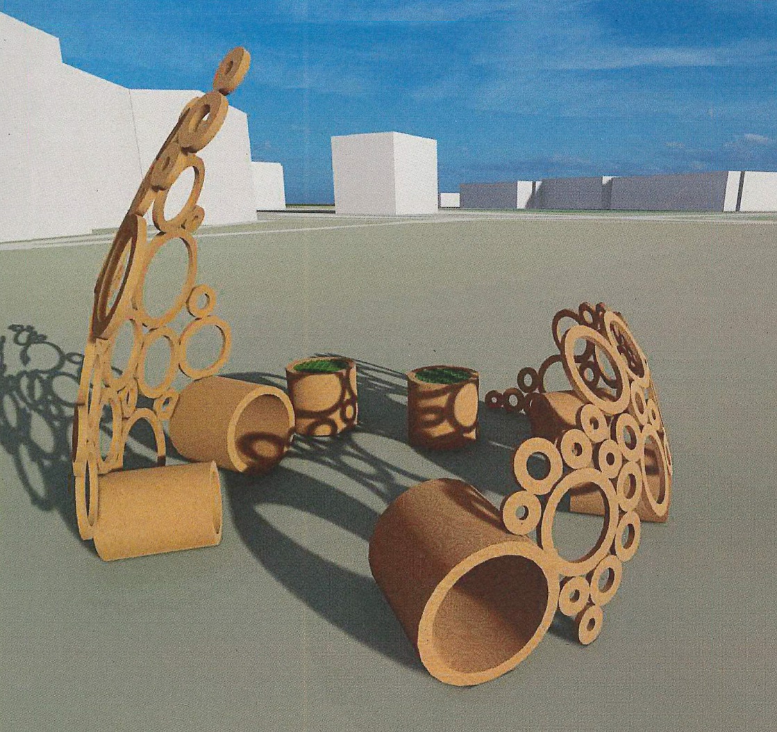 A 3d rendered image of 'wildeflower' designed by lu architecture students, a wooden structure with rings and flowers.