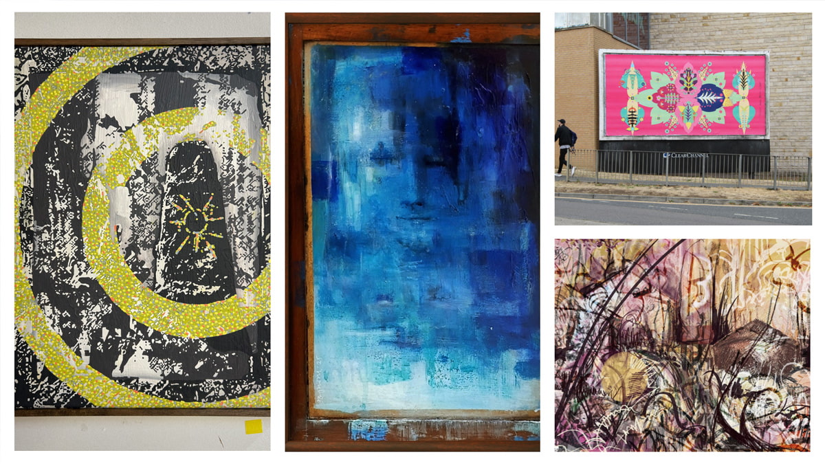 Four images of abstract paintings, collaged together.