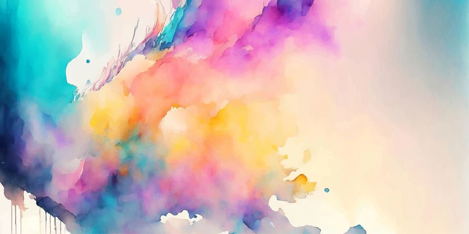 An abstract watercolour painting with splashes of purple, blue and orange.