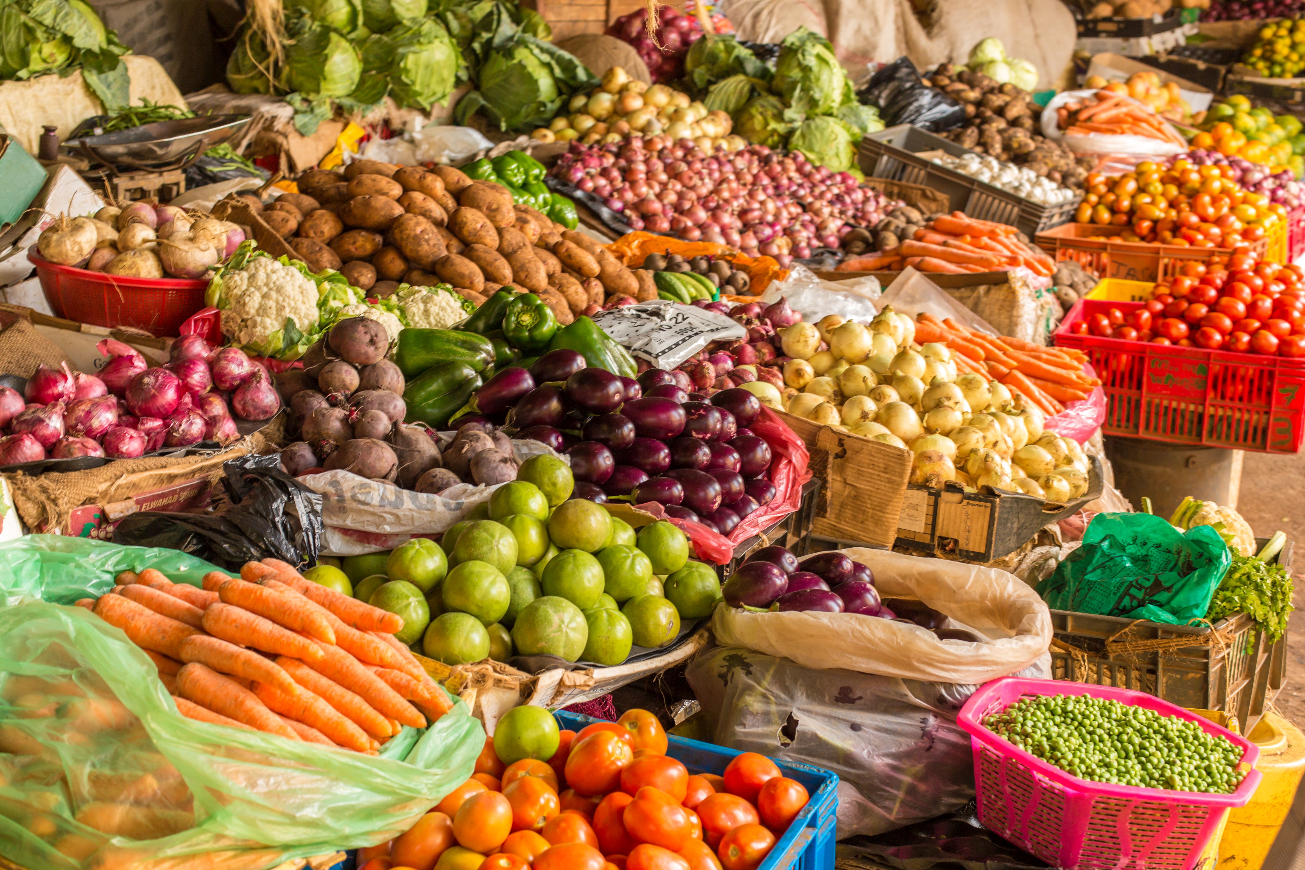 Colorful fruits and vegetables colorfully arranged at a local fruit and vegetable market in Nairobi, Kenya