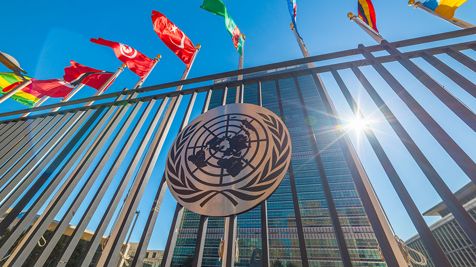 The United Nations logo surrounded by flags from around the globe