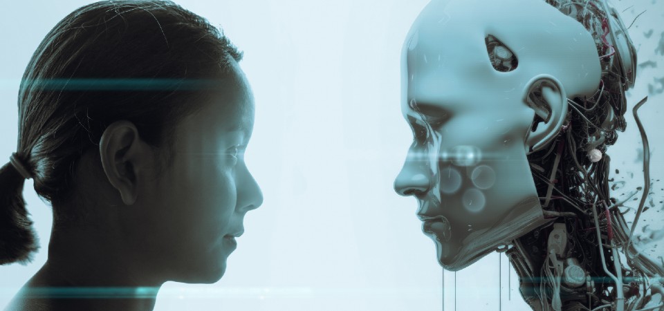 a girl and a robot stare each other out