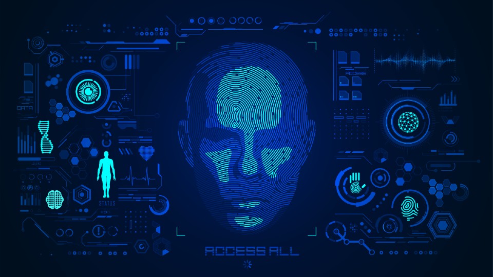 A selection of biometric concepts - a line drawing of a face in the centre, DNA, fingerprints, and other tech-looking concepts. In dark and light blue.