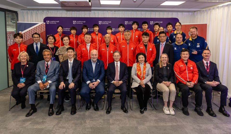 Players from the Chinese Table Tennis Team are pictured with the Vice-Chancellor of Loughborough University Professor Nick Jennings, China's UK Ambassador Zheng Zeguang and other dignitaries
