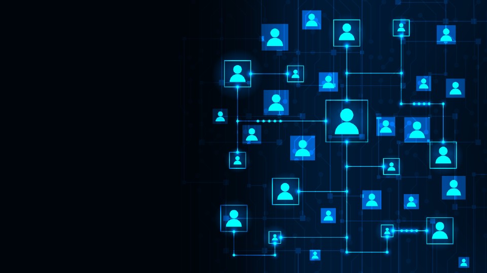 Blue icons of people on a dark blue background. The people are connected by squares and lines