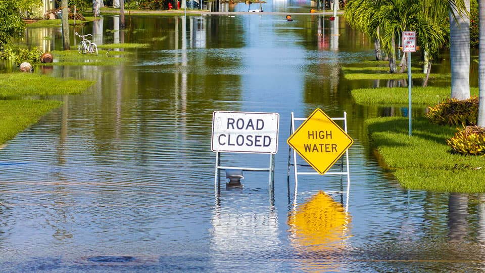 A flooded road with two road signs