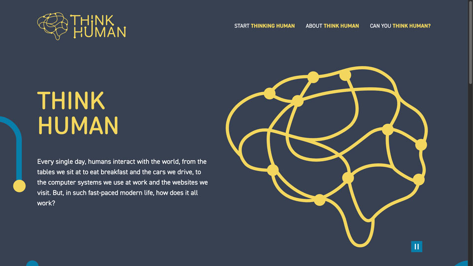 A screengrab of the Think Human website, with a graphic of a brain against a dark background