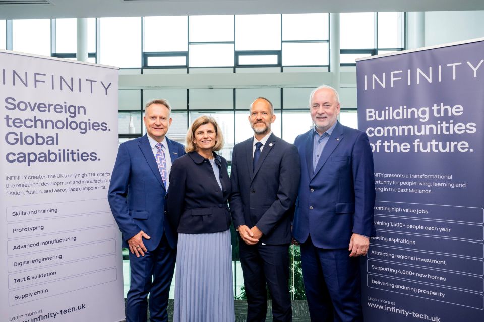 Dr Graham Hoare OBE, Chief Executive of the Manufacturing Technology Centre; Prof Gary Jones, Chief Executive of INFINITY; Prof Kath Mitchell CBE DL, Vice-Chancellor and Chief Executive, University of Derby; Prof Nick Jennings CB, Vice-Chancellor, Loughborough University