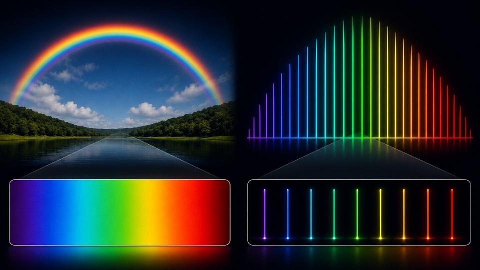 Why is a microcomb like a rainbow? Both are made up of many different frequencies of light. In a rainbow, the frequencies blend continuously from one colour to the next. In a microcomb, individual frequencies are separated and precisely spaced – like the teeth of a comb. The colours shown in the microcomb are illustrative; the light used in this study is invisible to the human eye. Illustration AI