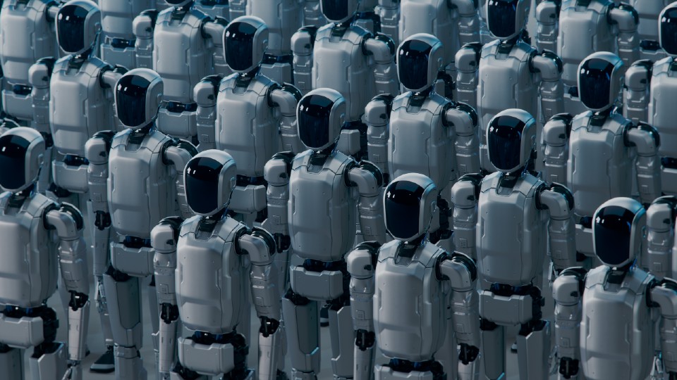 Isometric view of Rows of Standing Futuristic Industrial Humanoid Robots with Glass Visors. Large Amount of Humanoid Robots Standing in Rows - stock photo
