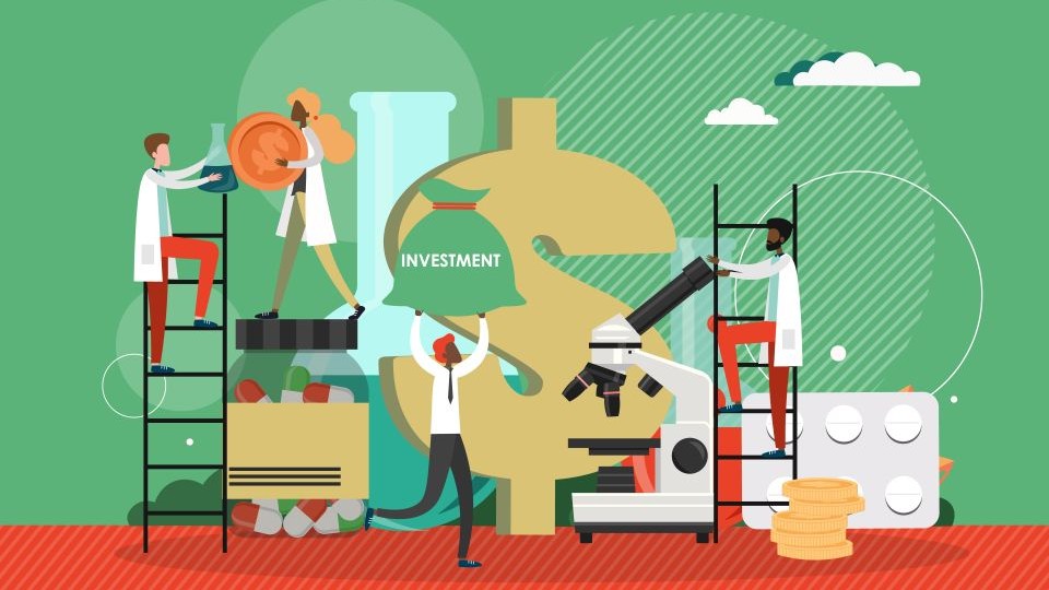 Graphic illustrating investment in university research with a dollar sign, a person carrying a bag of money and icons representing science research