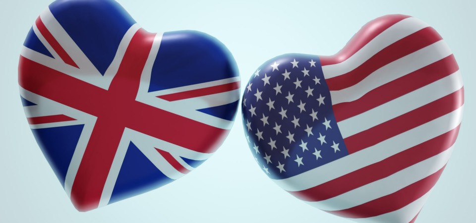 the UK and US flags portrayed as hearts
