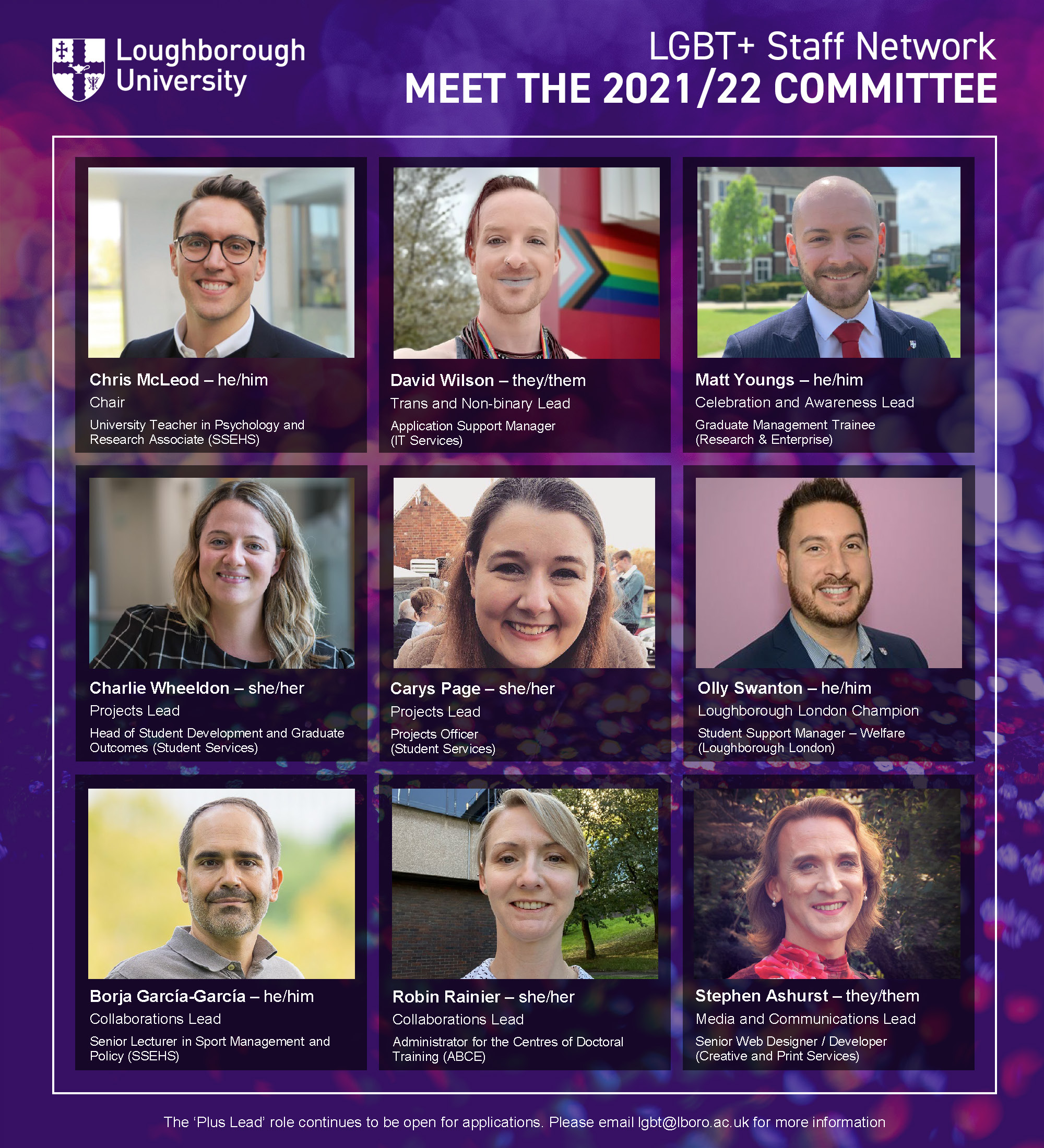 a collage of people with text: LGBT+ Committee 2021/2022 meet the committee. Chris McLeod, David Wilson, Matt Youngs, Charlie Wheeldon, Carys Page, Olly Swanton, Borja Garcia-Garcia, Robin Rainier, Stephen Ashurst.