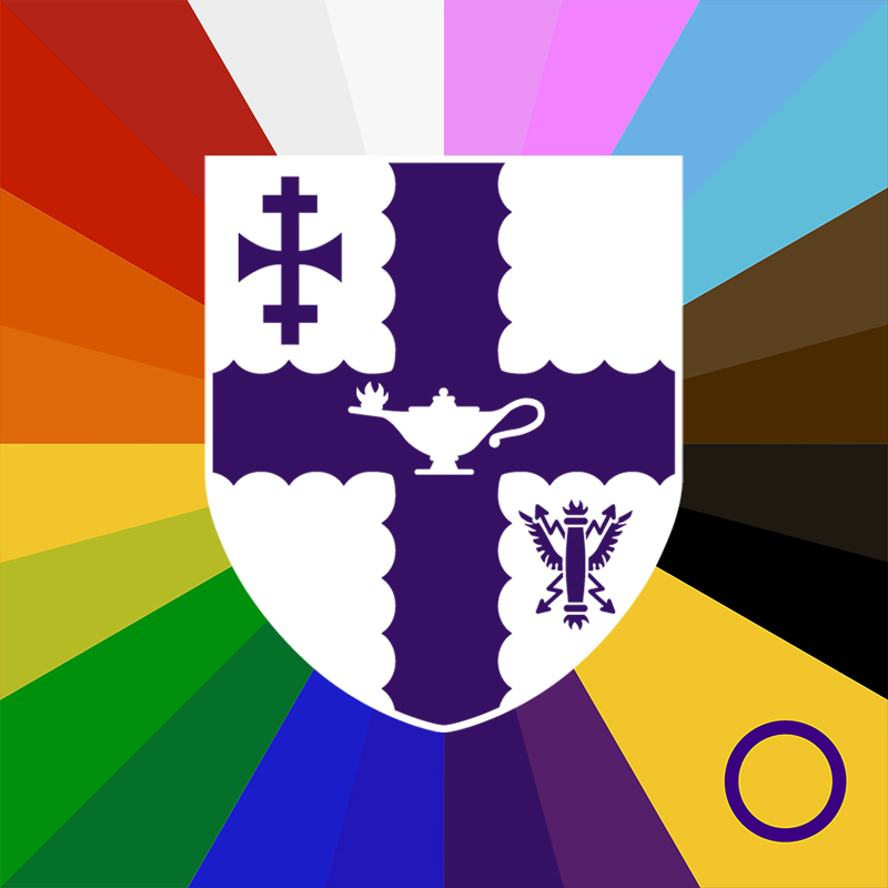 the LGBT+ flag with the Loughborough University Crest