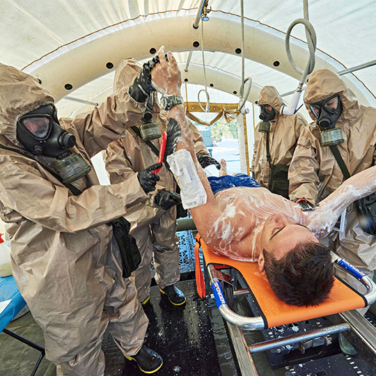 Emergency services workers taking part in a field trial in Athens