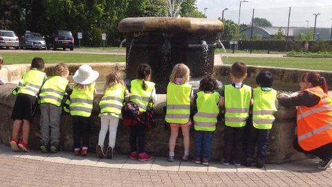 Children visit the fountain on Loughborough University campus