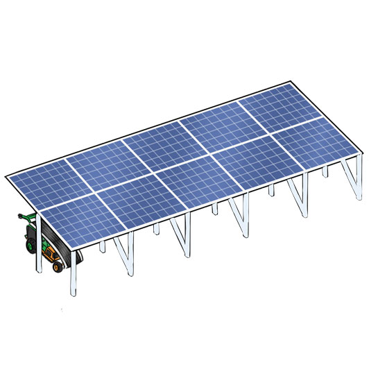 An illustration of the solar array - an Aftrak tractor parked at the charging point beneath it