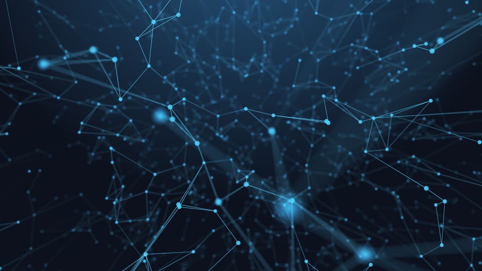 A network of blue lines joining connected blue dots on a black background.
