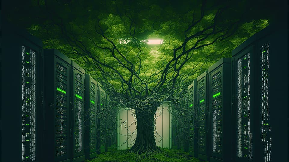 A tree growing between two computer data banks reaching up towards light.