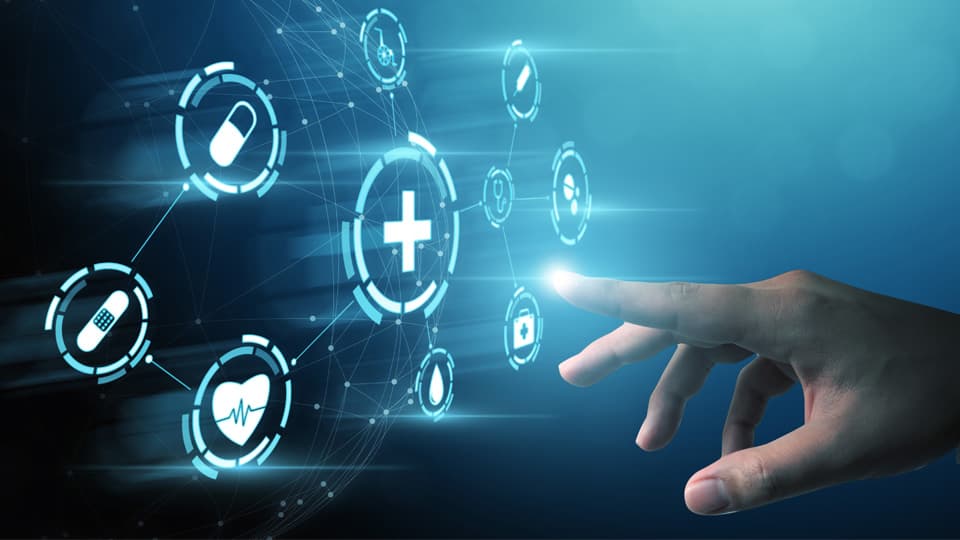 A human hand reaching out towards digital health-related icons.