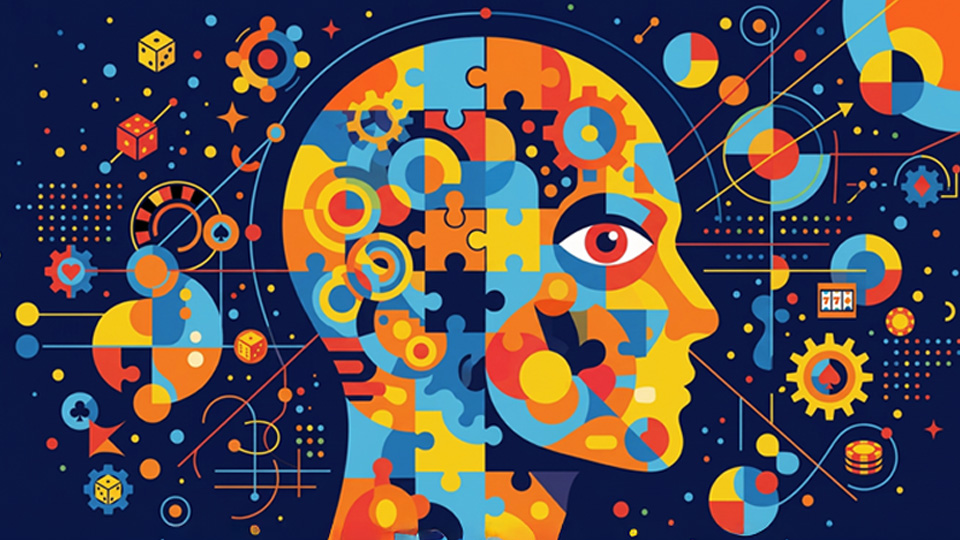 A stylised profile of a human head constructed from colourful puzzle pieces and mechanical, gambling-related icons against a dark blue background.