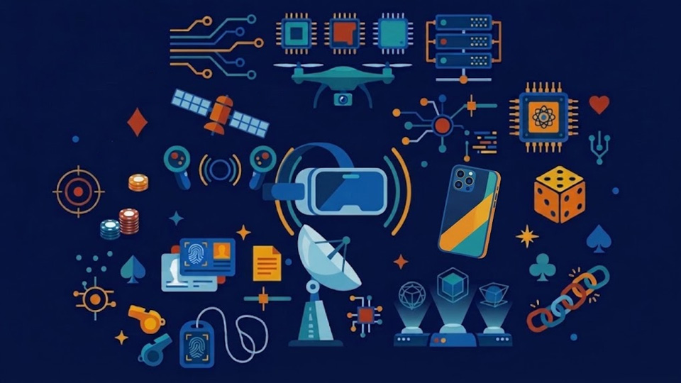 A digital collage of technology icons including a VR headset, smartphone, drone, satellite, server rack, processors, and security credentials.