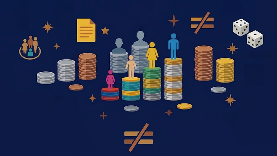 Graphic of stylised human figures standing on uneven stacks of coins, representing wealth inequality, with dice and mathematical inequality symbols.