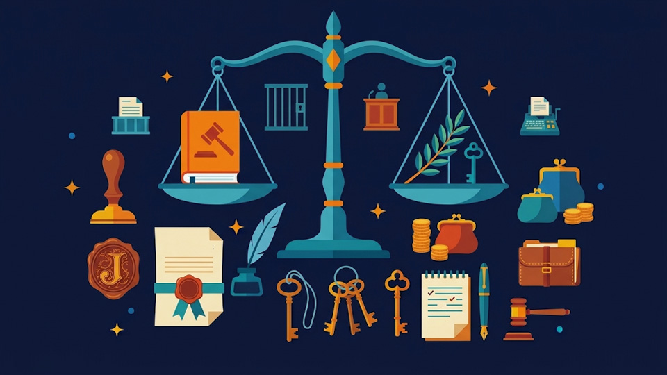 Illustration of a central set of scales of justice surrounded by icons of legal symbols, including a law book, gavel, prison bars, coins, keys, a scroll, and a briefcase.