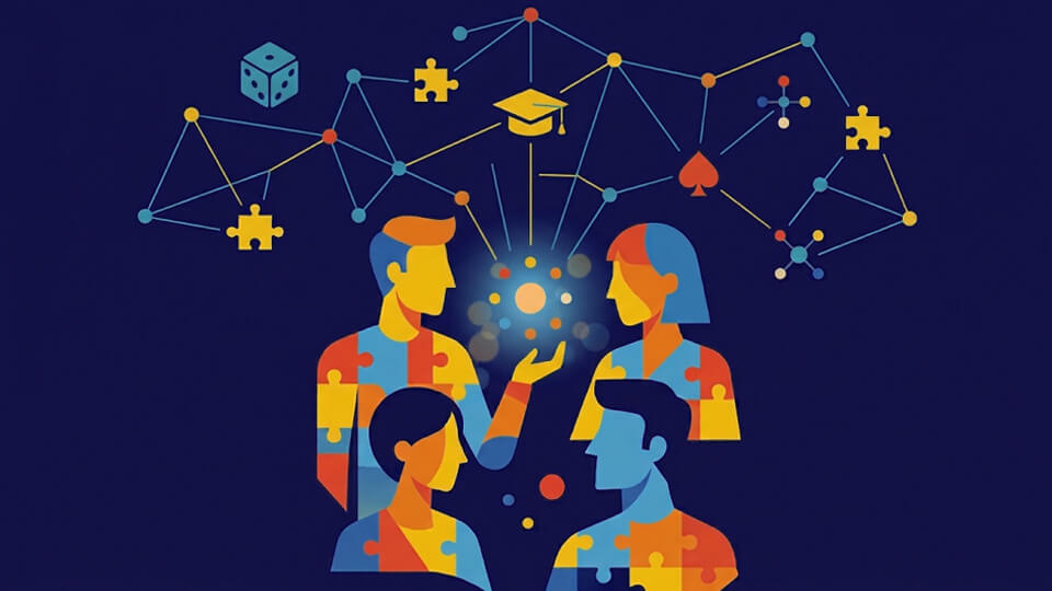 Four figures made of puzzle pieces stand around a glowing light connected to icons representing education, gambling, and equality.